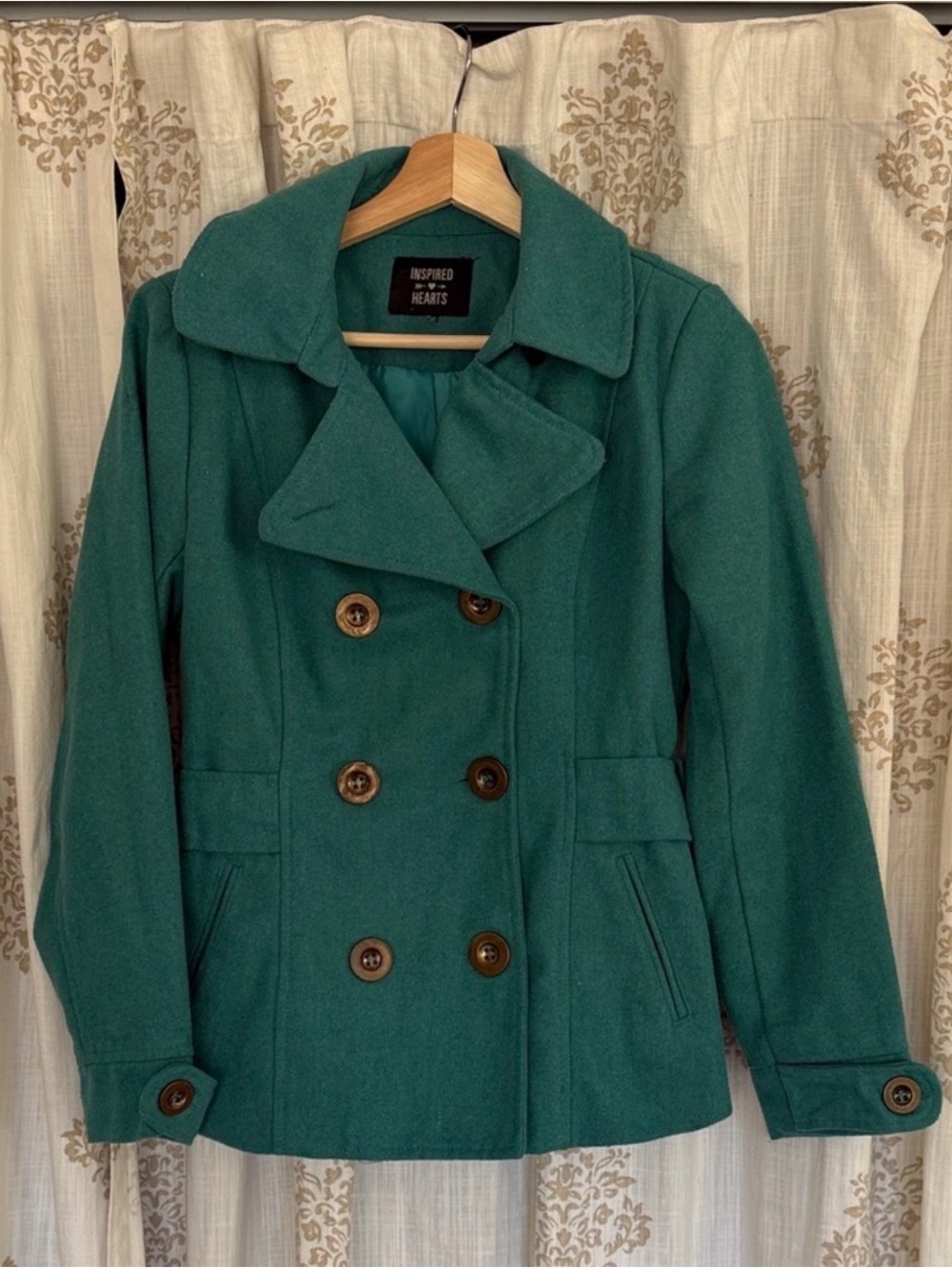 Inspired Hearts Women's Teal Green Double-Breasted Peacoat
